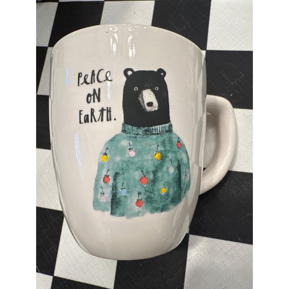 Rae Dunn Peace On Earth Holiday Christmas Bear Coffee Mug Cup Magenta